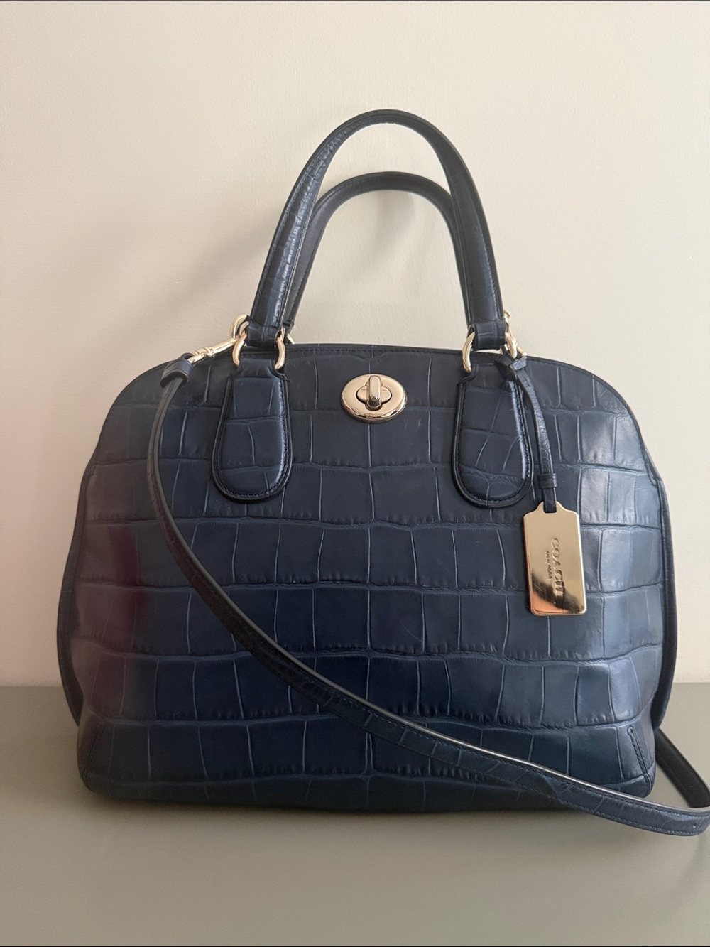 COACH Navy Croc-Embossed Leather Dome Satchel with Silver Hardware